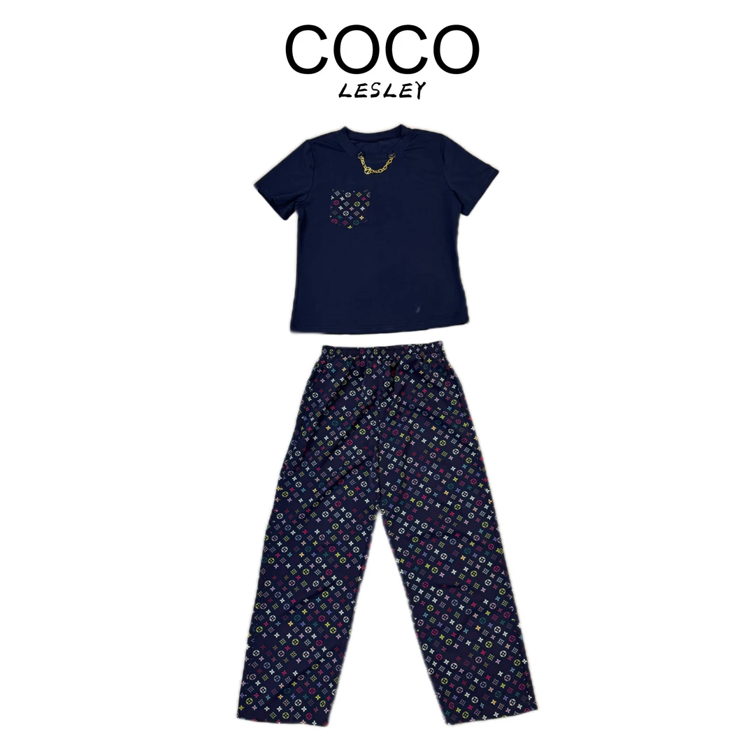 【 COCO LESLEY】三彩套裤 ~T恤+长裤夏季轻奢两件套