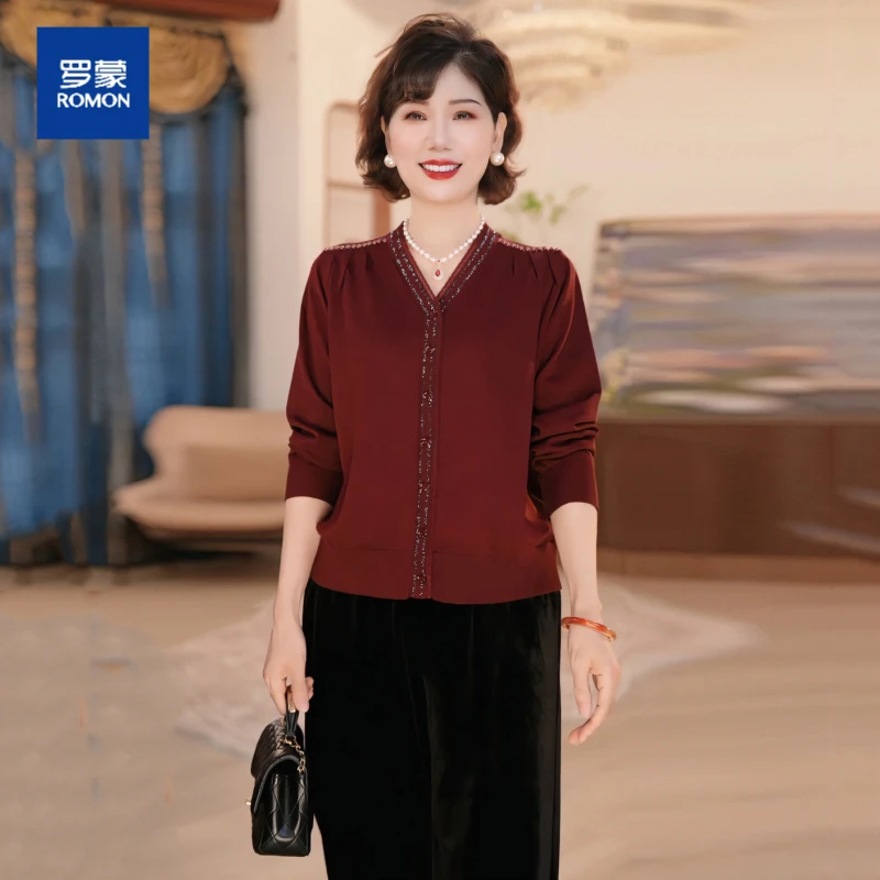 罗蒙妈妈秋装针织衫套装2025新款洋气中老年女装小衫上衣服两件套