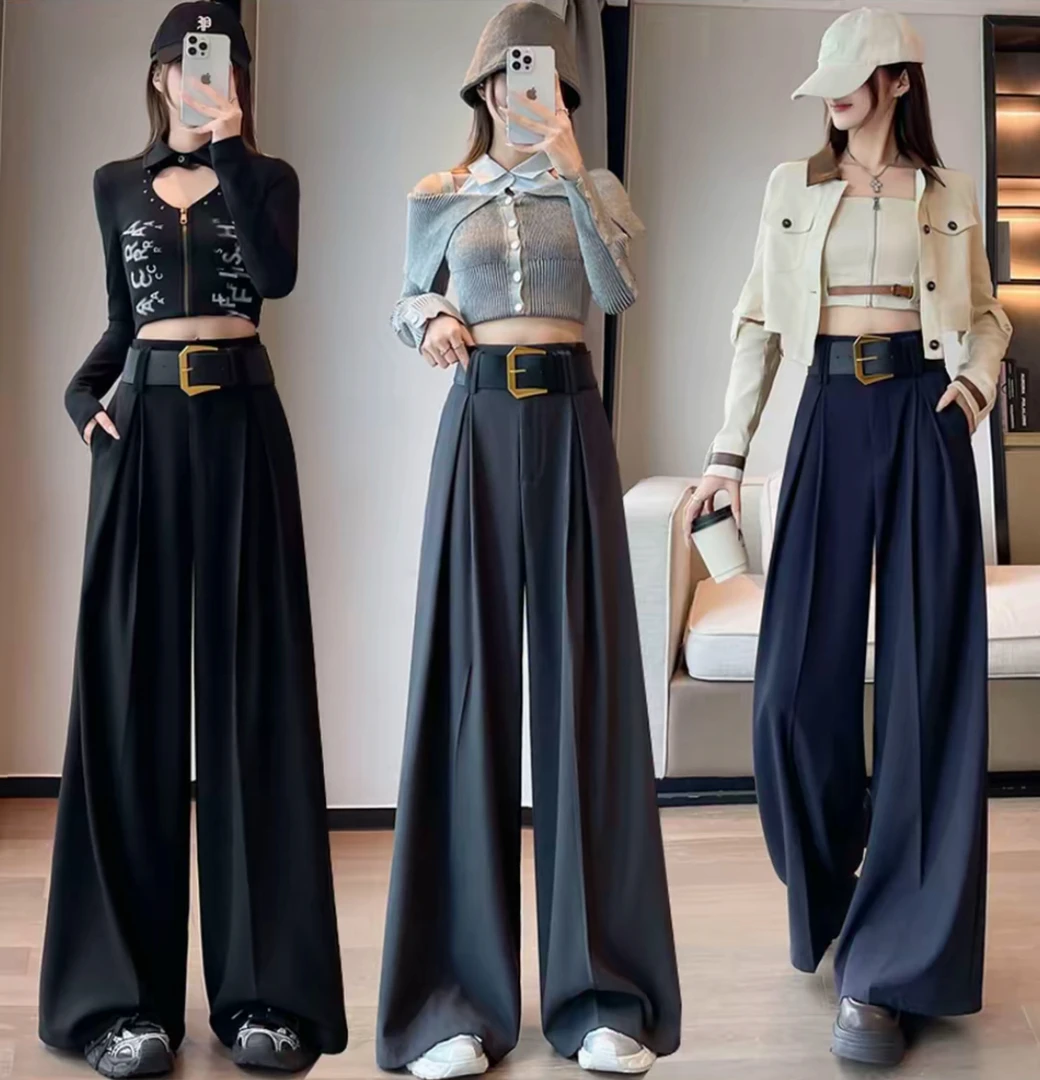 老钱风呢料秋冬高腰显瘦气质长裤休闲复古直筒拖地裤【送腰带】1019