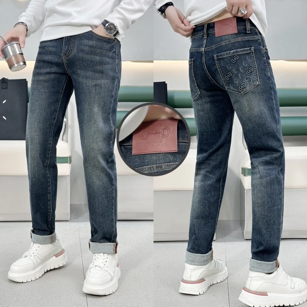 【树邦加厚彩纱彩底】秋冬新品实体高货轻奢蓝色英文钢印牛仔长裤