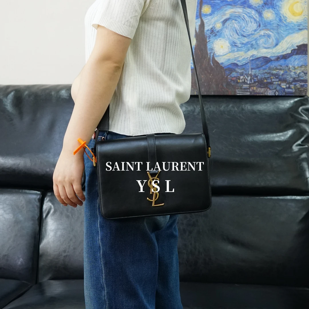 95新 YSL/圣罗兰 黑色金标翻盖斜挎包/EE04207320/7320