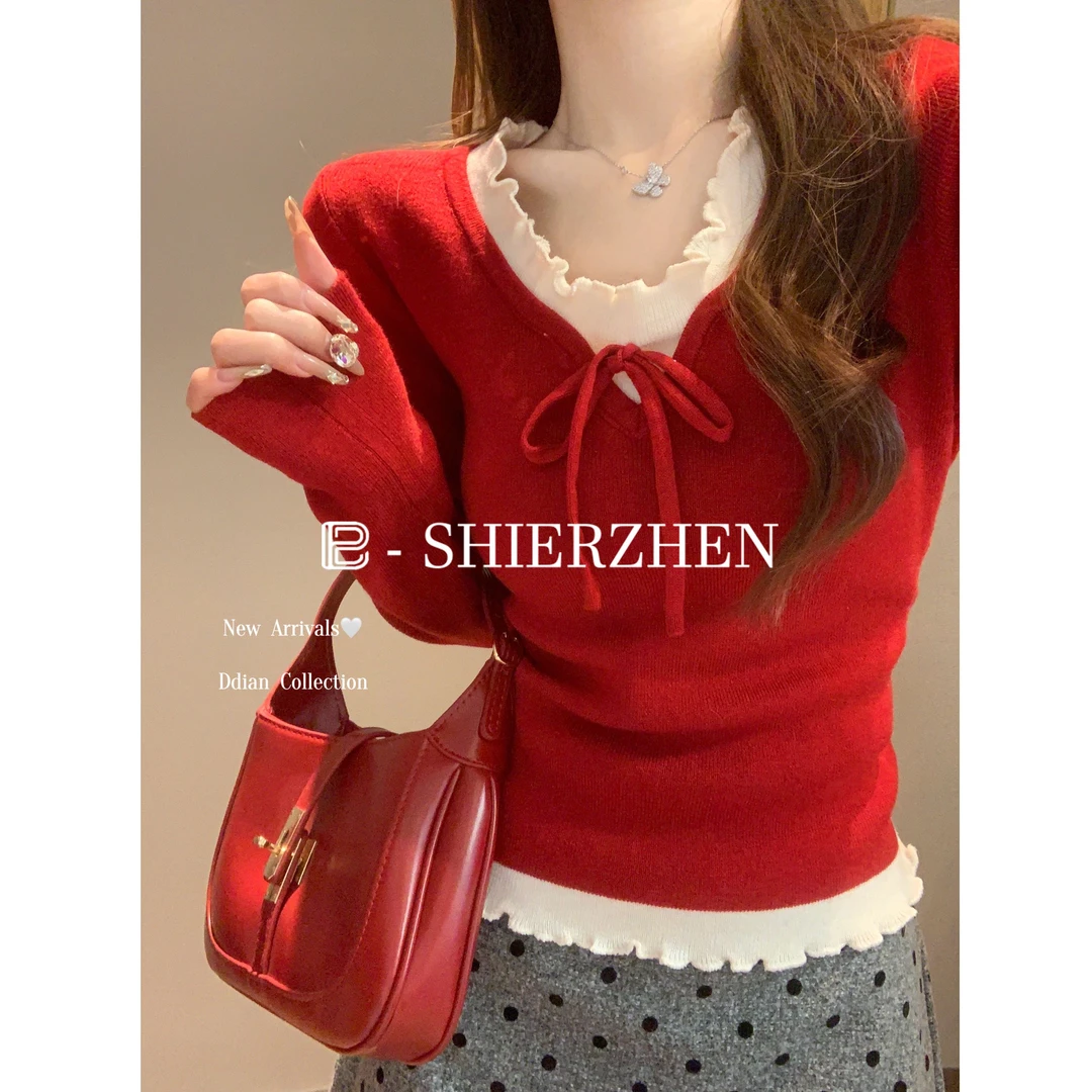 2025早春新年假两件拼接花边蝴蝶结绑带打底修身毛衣设计感针织衫