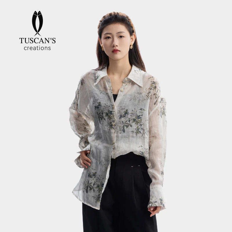 TUSCAN'S CREATIONS春季宽松扎染印花薄款衬衫时尚休闲水墨衬衣