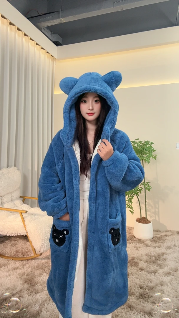 蕊蕊小熊双层加厚睡袍毛绒家居服连帽宽松中长款加绒保暖甜美卡通