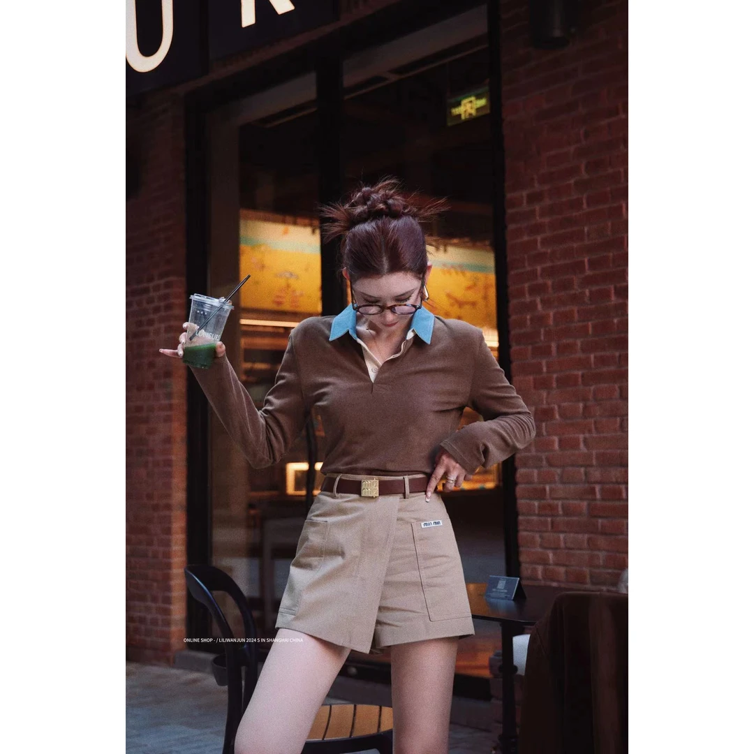 【婉君】秋季美式设计感美拉德撞色Polo领长袖上衣LWJ24C3TZ1526