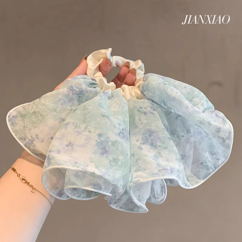 时尚晕染碎花大肠发圈森系荷叶边小众设计发绳飘带网红新款头绳女