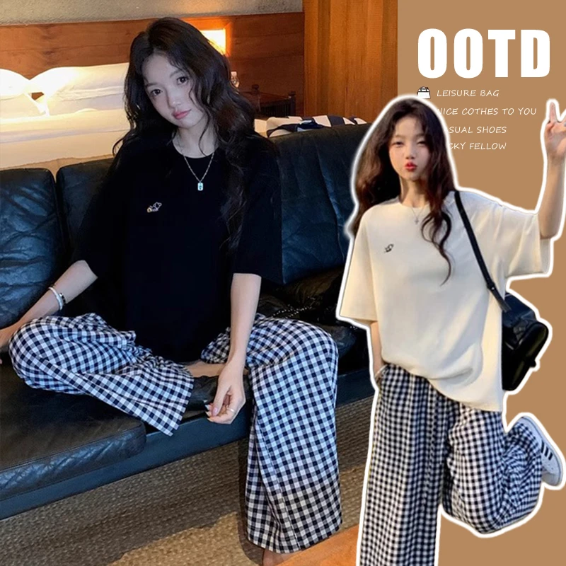 孕妇装2025春夏新款短袖绣花宽松外穿休闲时尚运动格子阔腿裤套装