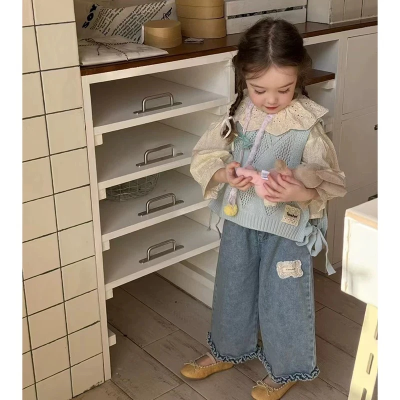韩国童装女童套装2025新款春季甜美小众小女孩针织马甲衬衫牛仔裤