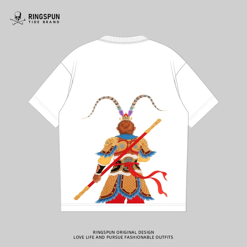 RINGSPUN【齐天大圣】纯棉刺绣短袖t恤男夏季新款重工圆领宽松半袖t