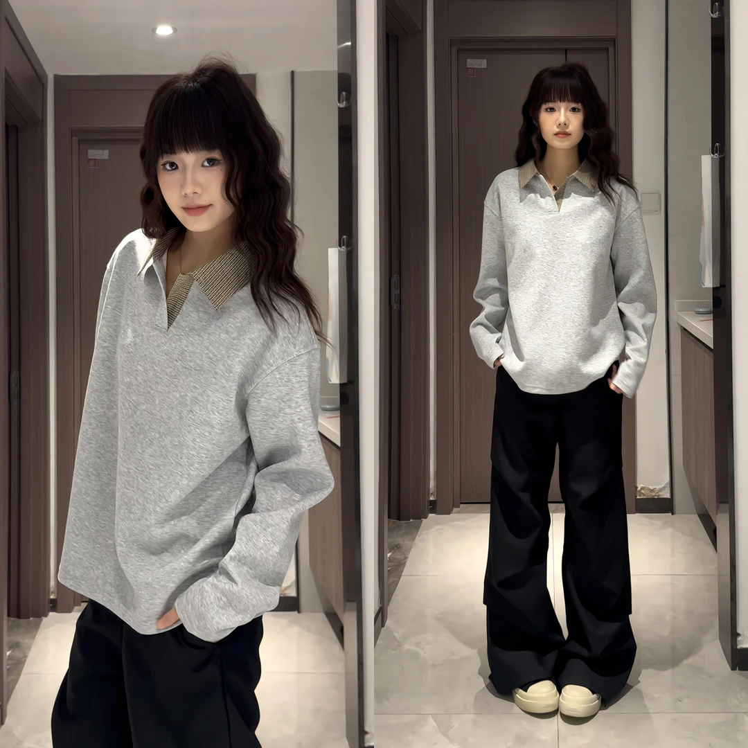 老钱风千鸟格拼接polo衫男长袖T恤内搭美式复古外套痞帅正肩卫衣