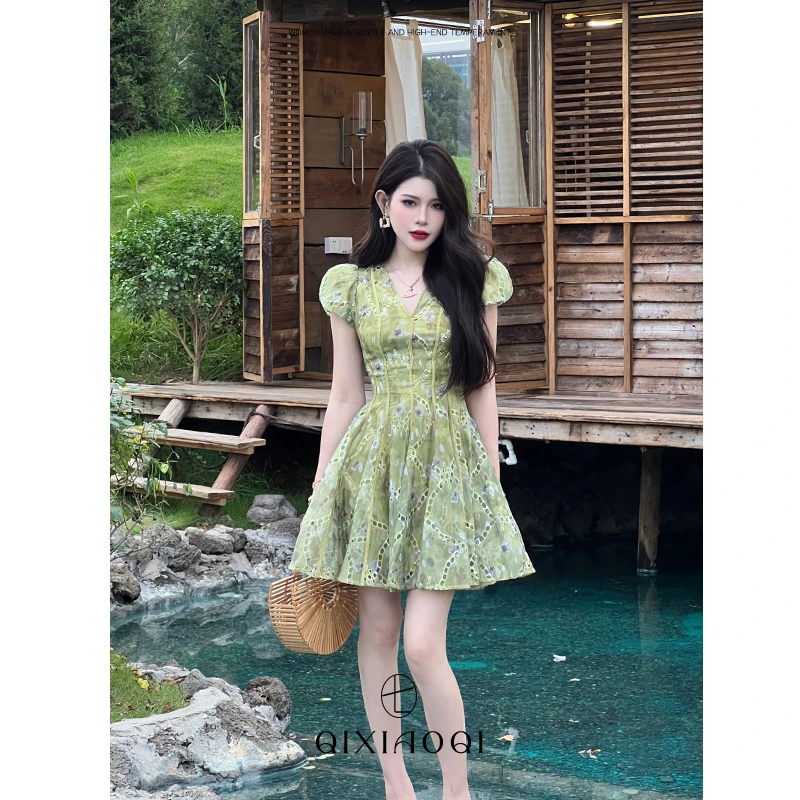七小七Sicily【诺曼庄园】法式夏季小清晰绿色气质感收腰短款连衣裙