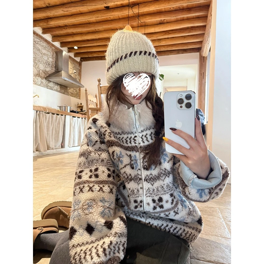 2025新款费尔岛毛领外套女秋冬加厚保暖洋气开衫外套#C1523