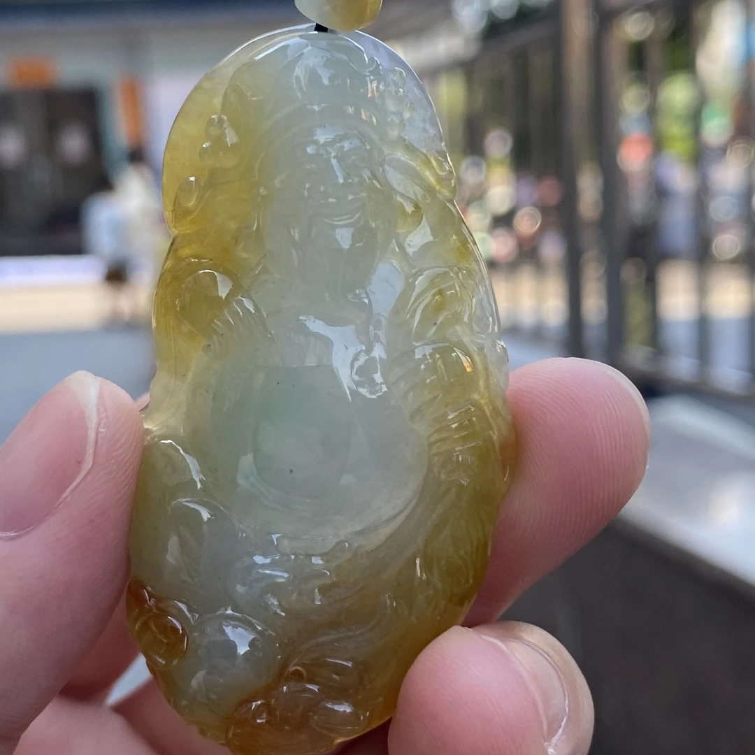 天然缅甸翡翠a货冰种黄翡财神爷
