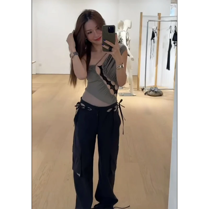 夏季新品设计感纯欲风性感辣妹镂空无袖上衣修身长裤时尚两件套