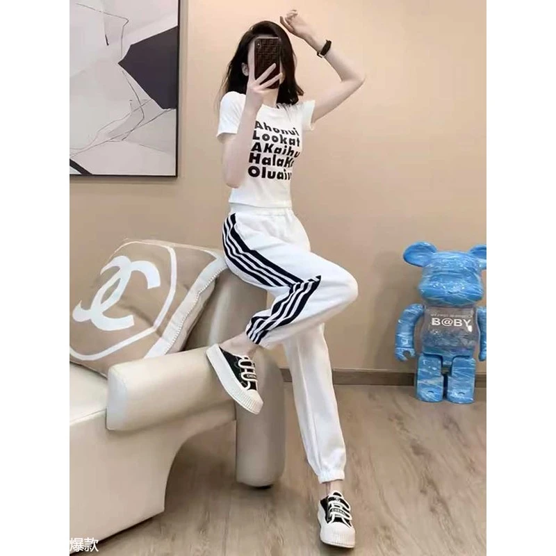 时尚休闲运动套装女2024新款夏装网红炸街洋气收腰显瘦短袖两件套