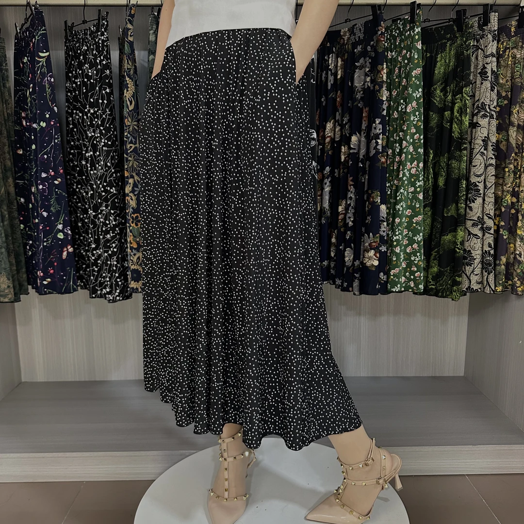 口袋款夏季新款碎花冰丝纯色半身裙长裙遮肉穿显瘦高腰中年妈妈裙