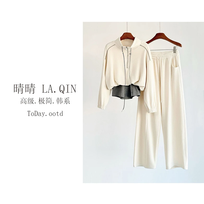 晴晴家-【慢调生活】早春美式复古甜酷风半拉链休闲卫衣套装8353
