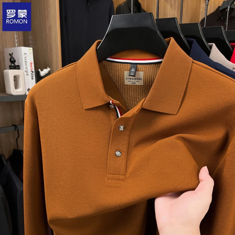 Romon/罗蒙秋季男士潮流商务休闲修身棉质舒适速干翻领长袖POLO衫