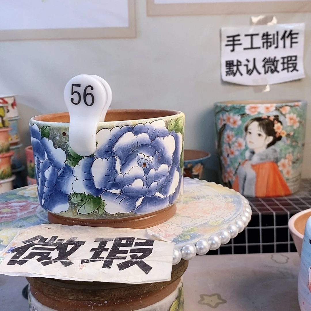 紫砂花盆蓝*非红陶手绘花盆