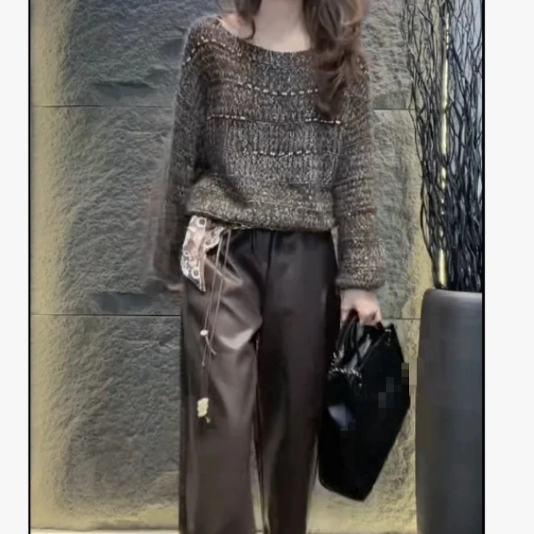 时尚气质百搭显瘦圆领新款长袖上衣轻奢宽松裤子女装