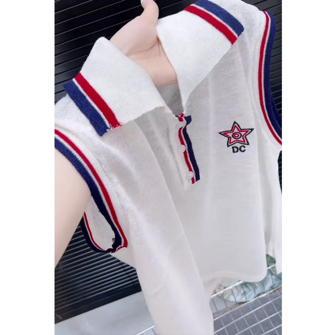 今年流行穿搭2025夏季新款温柔风毛针织衫拼接五角星翻领无袖上衣