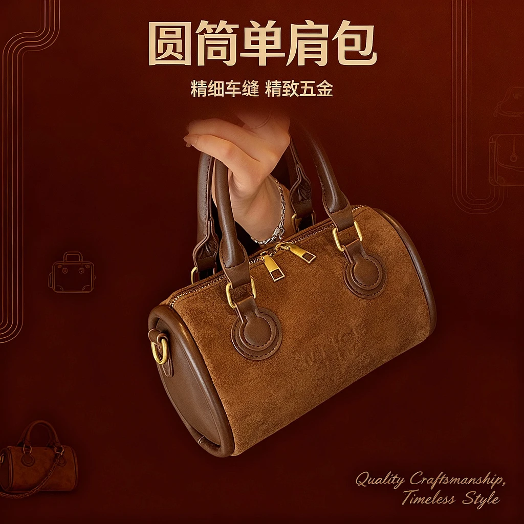 PARACVTOU/帕卡图复古圆筒包字母拉链纯色单肩包女士单肩小众百搭