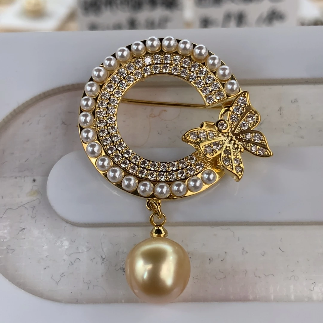 定制海水珍珠未镶嵌裸珠南洋金珠胸针10-11mm