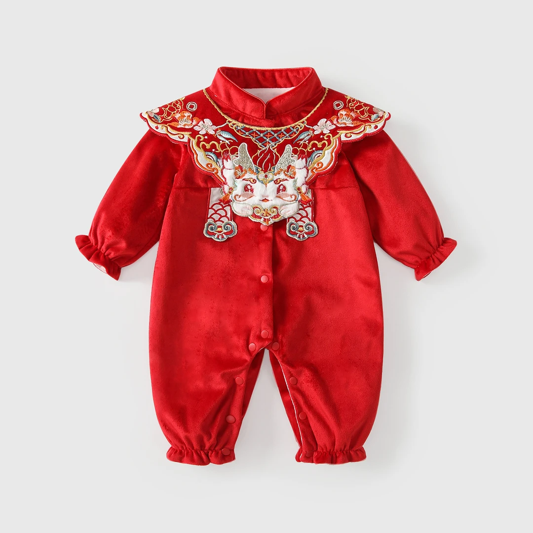 婴儿新年过年衣服秋冬薄绒新中式女宝宝连体衣百日宴周岁礼服春秋