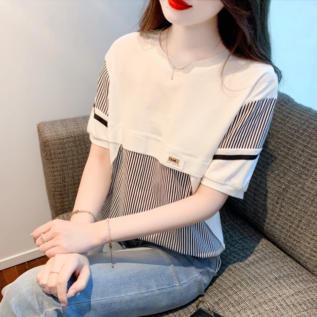 条纹短袖t恤女设计感2025年夏季新款宽松雪纺上衣百搭假两件小衫