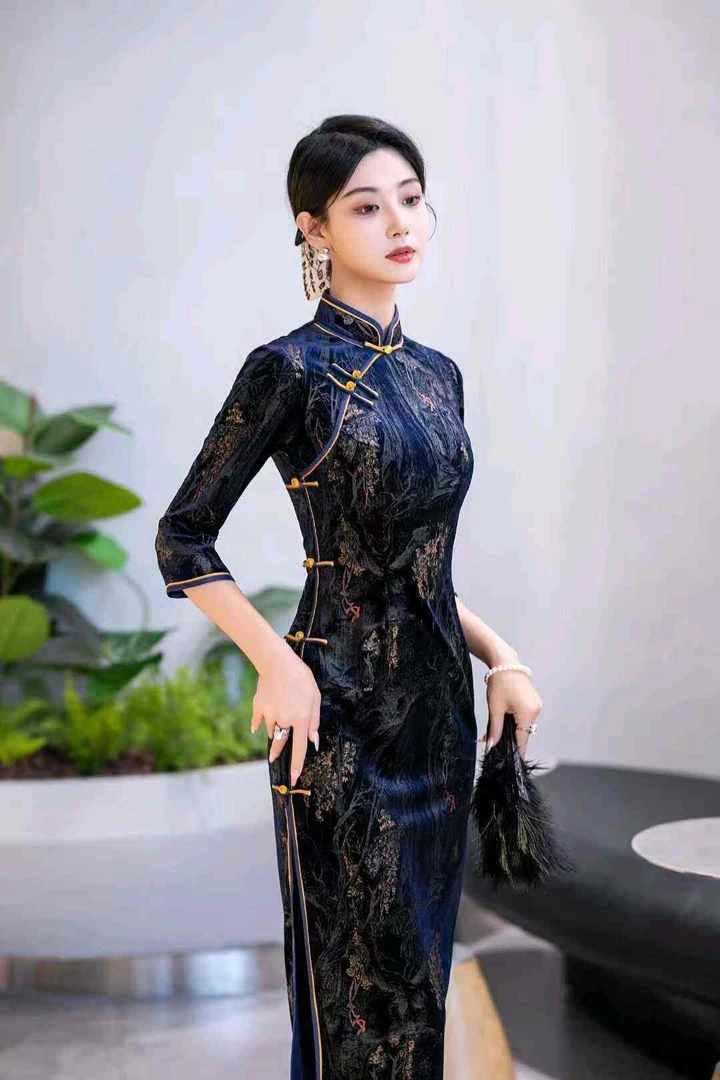 【国风金典】中国风春秋中式复古气质中长款旗袍-A15