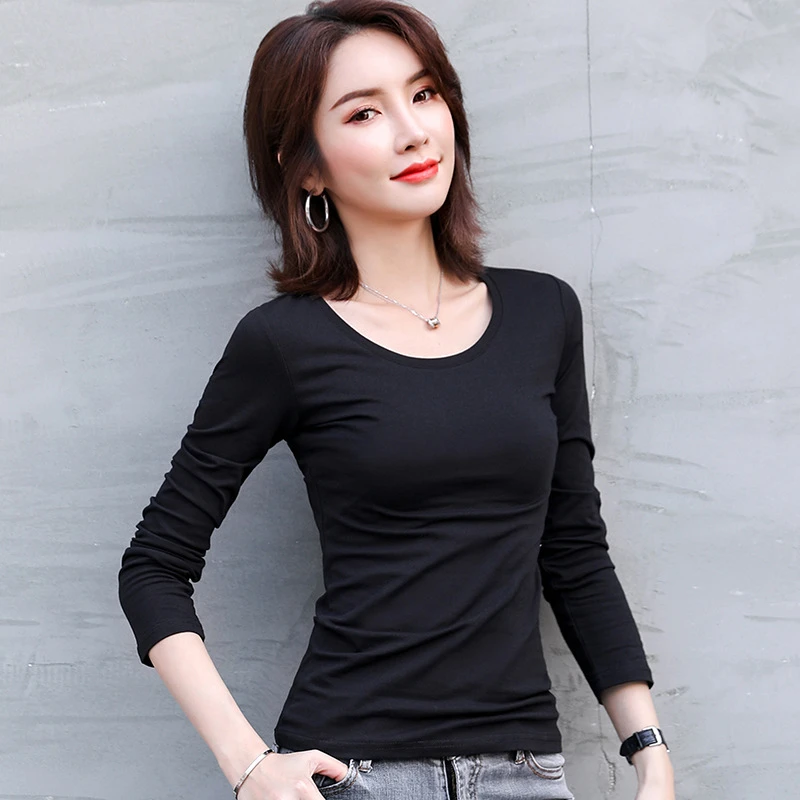 圆领纯色长袖t恤女弹力大码新款女装修身百搭上衣薄款打底衫女