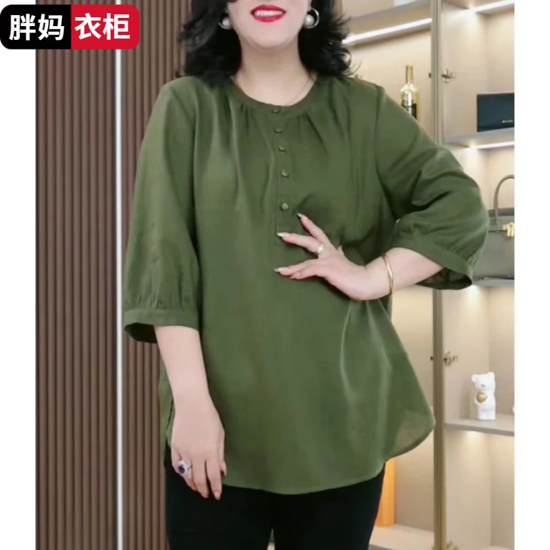 2025夏季轻奢风格气质百搭时尚休闲大码女装假纽扣设计感T恤衫潮