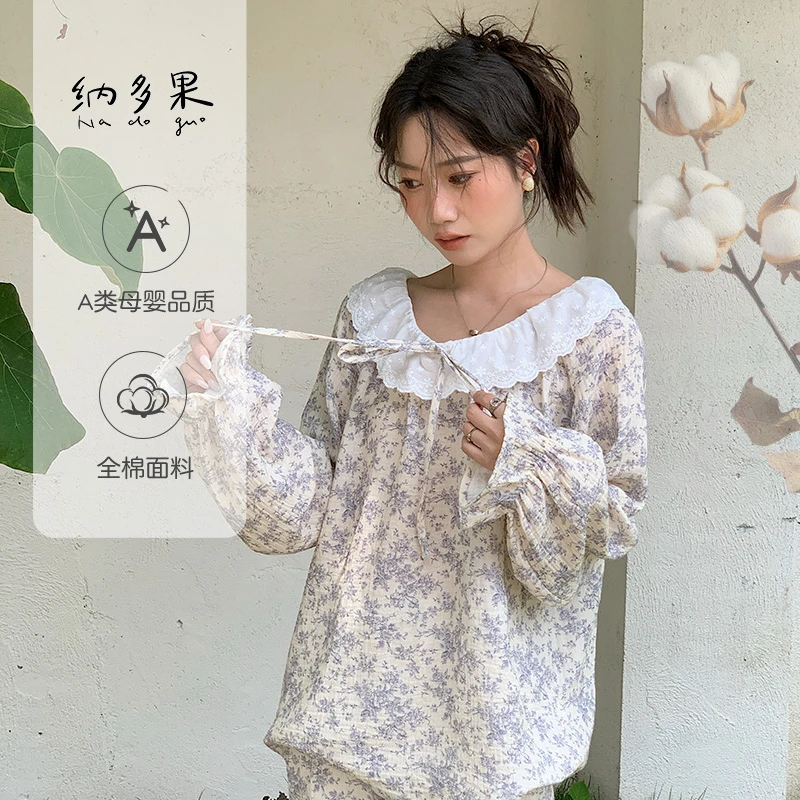 2025新款全棉皱皱纱布家居服睡衣透气亲肤排汗花边系带甜美