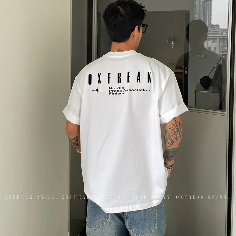 OXFREAK 「后背英文logo印花」基础款纯棉重磅短袖t恤男圆领半袖