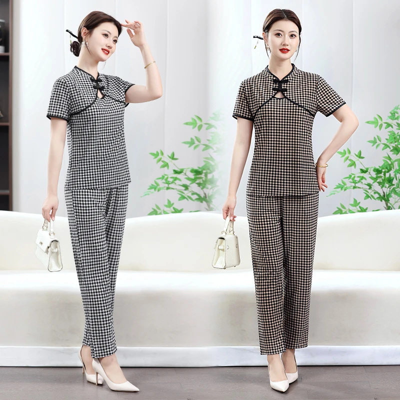 中老年妈妈格子套装2025夏季新款时尚洋气短袖休闲套装