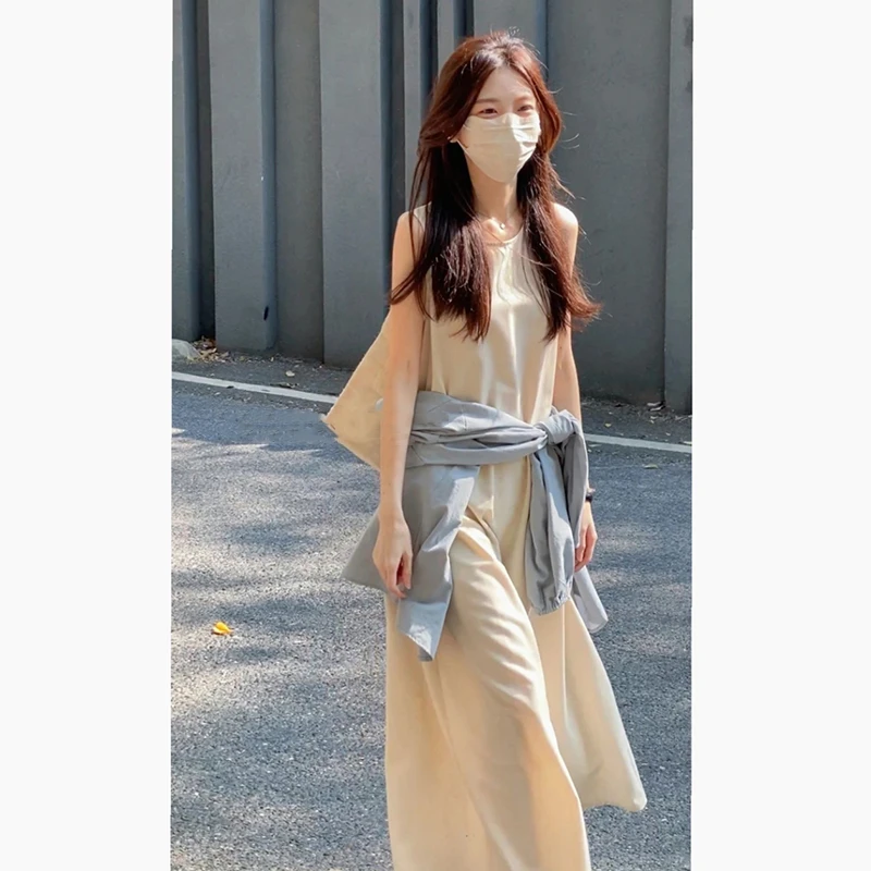 奶油感背心裙女休闲慵懒宽松连衣裙夏季无袖大摆简约裙子女