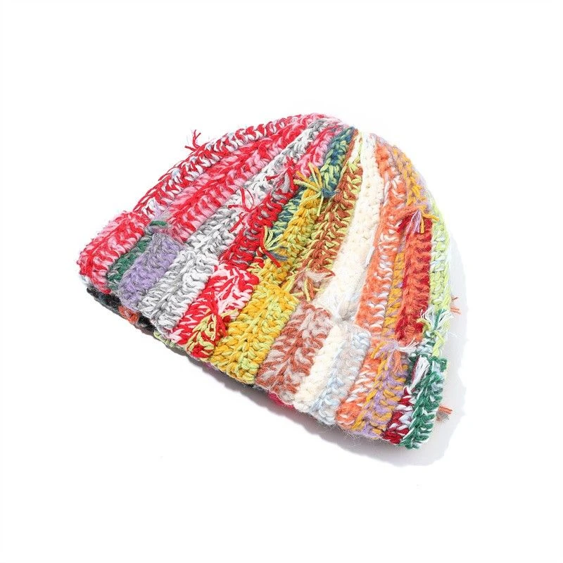 彩虹针织毛线帽男女户外加厚保暖冷帽秋冬季多巴胺色包头护耳帽子