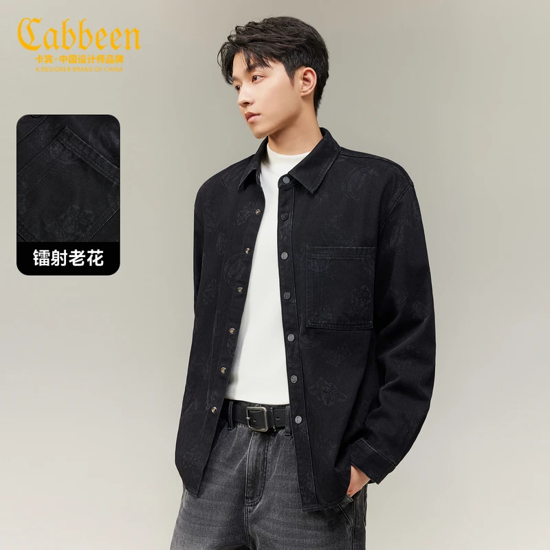 CABBEEN卡宾男装镭射老花黑色牛仔秋冬长袖衬衫外套3253118006