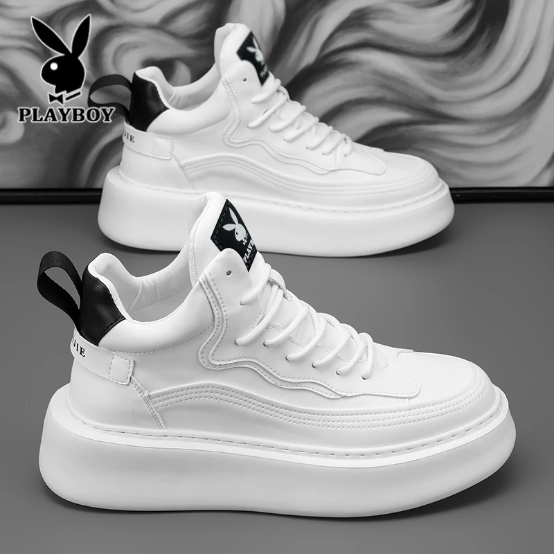 花花公子男鞋2025冬季新款休闲中帮小白鞋男潮流防滑厚底高帮男鞋