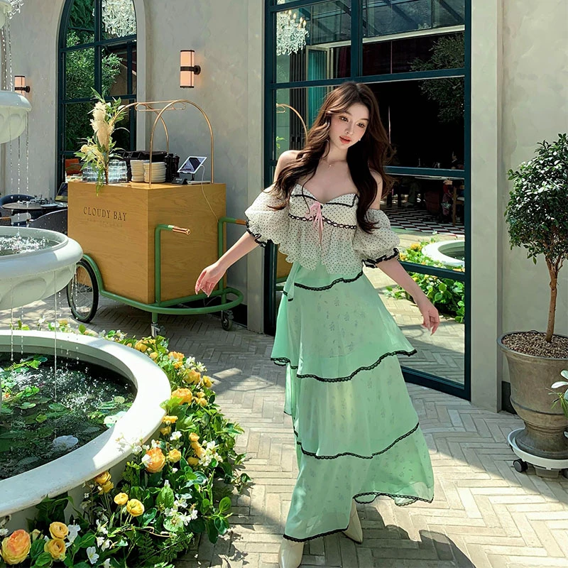 2025夏季新款chic网红同款波点泡泡短袖开衫上衣配双层蕾丝半身裙