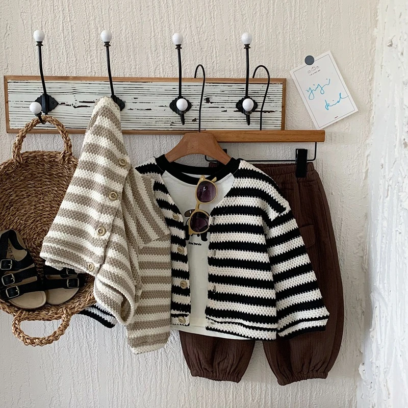 罗马假日·儿童春款开衫洋气外套日系圆领上衣小香风条纹针织衫
