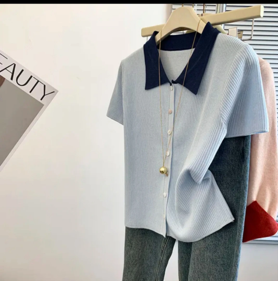 m486大码Polo领短袖常规夏季薄款毛针织衫百搭针织衫韩版显瘦