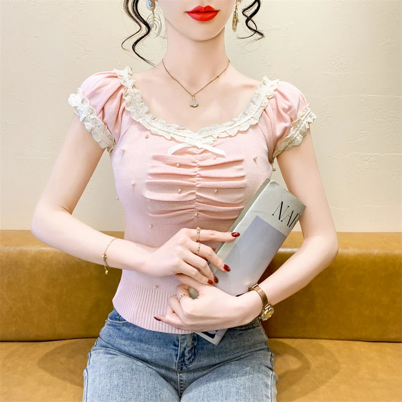 夏季修身显瘦法式气质花边小众短袖针织衫女款百搭短款上衣女士