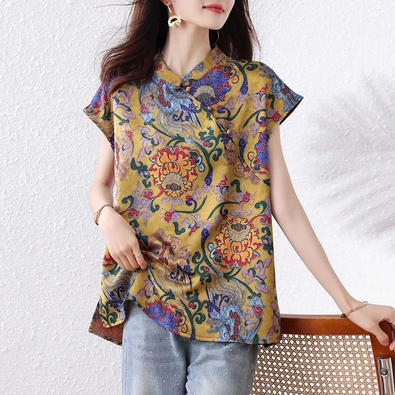 大码新中式斜襟提花短袖衬衫女夏季立领复古洋气小衫百搭气质上衣