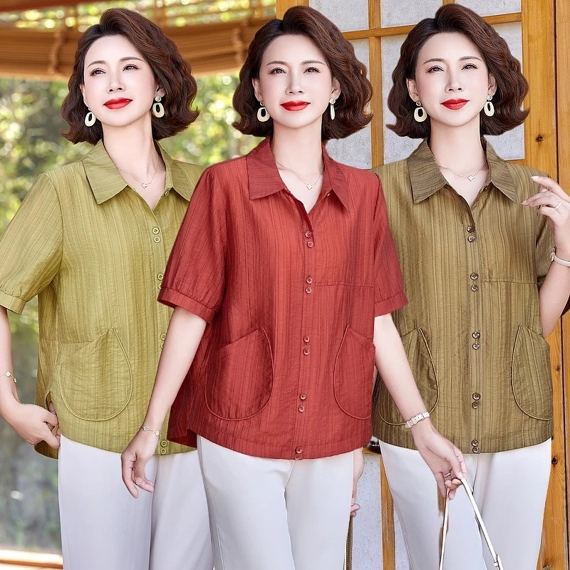 妈妈夏装时尚中老年宽松短袖休闲舒适遮肉显瘦polo领洋气t恤上衣