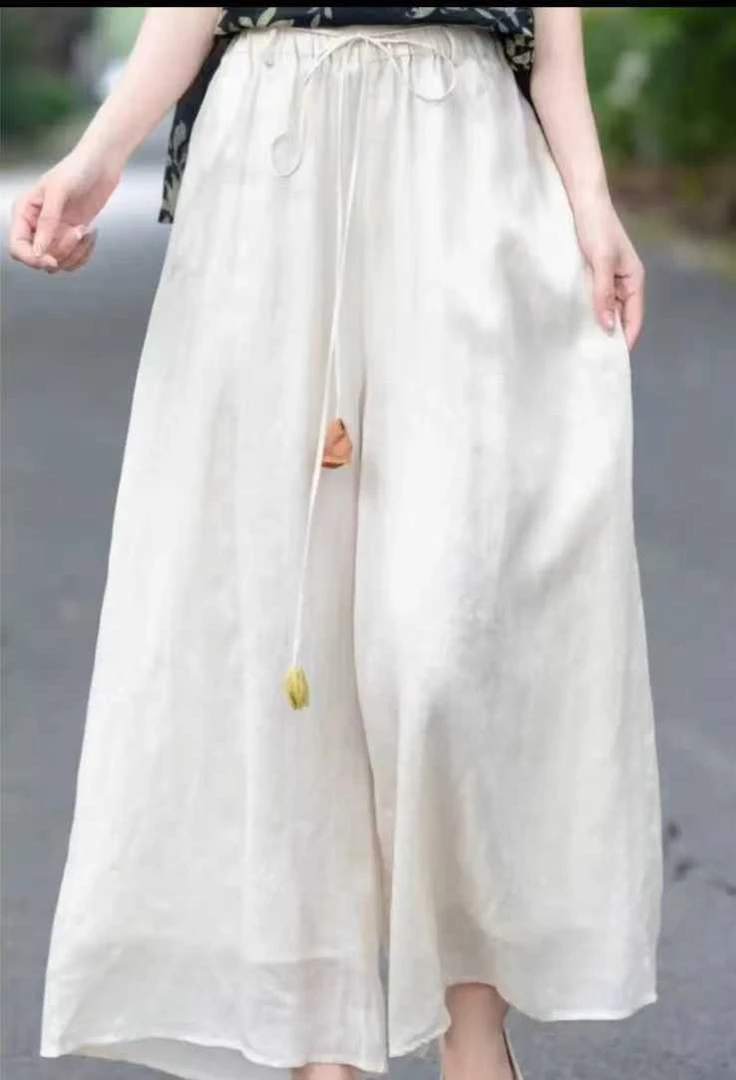 文艺国风苎麻阔腿裤女夏季纯色禅意松紧腰宽松休闲双层九分长裤