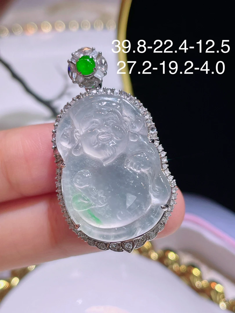 翠翠笙 天然缅甸翡翠A货 飘绿财神吊坠 18k金镶嵌钻石  细腻