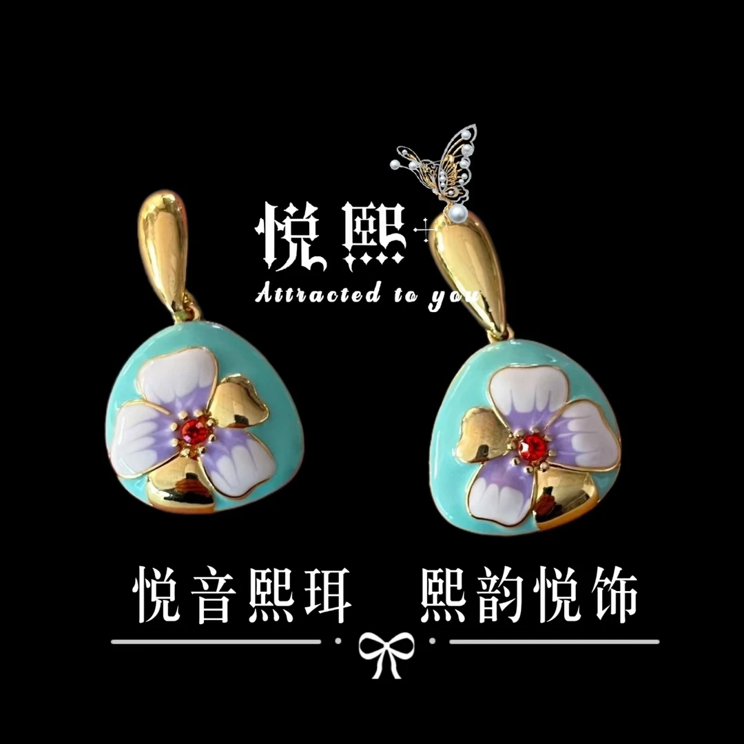 铜合金琉璃耳饰 复古宫廷珐琅彩花朵耳环小众设计感高级气质女925