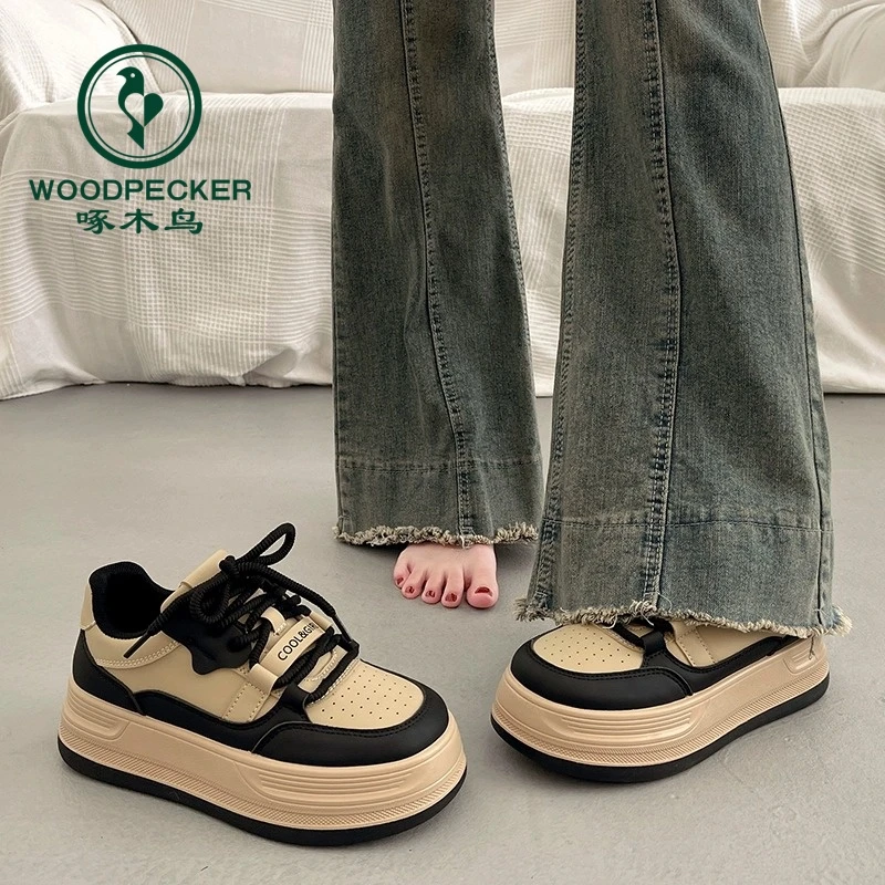 啄木鸟爆款港风松糕厚底板鞋女款2025春秋新款增高百搭休闲运动鞋