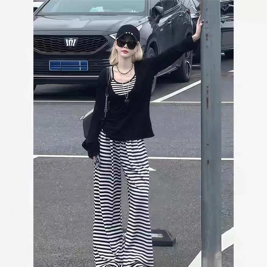 又酷又飒的拽姐辣妹套装女防晒罩衫吊带背心休闲运动阔腿裤三件套